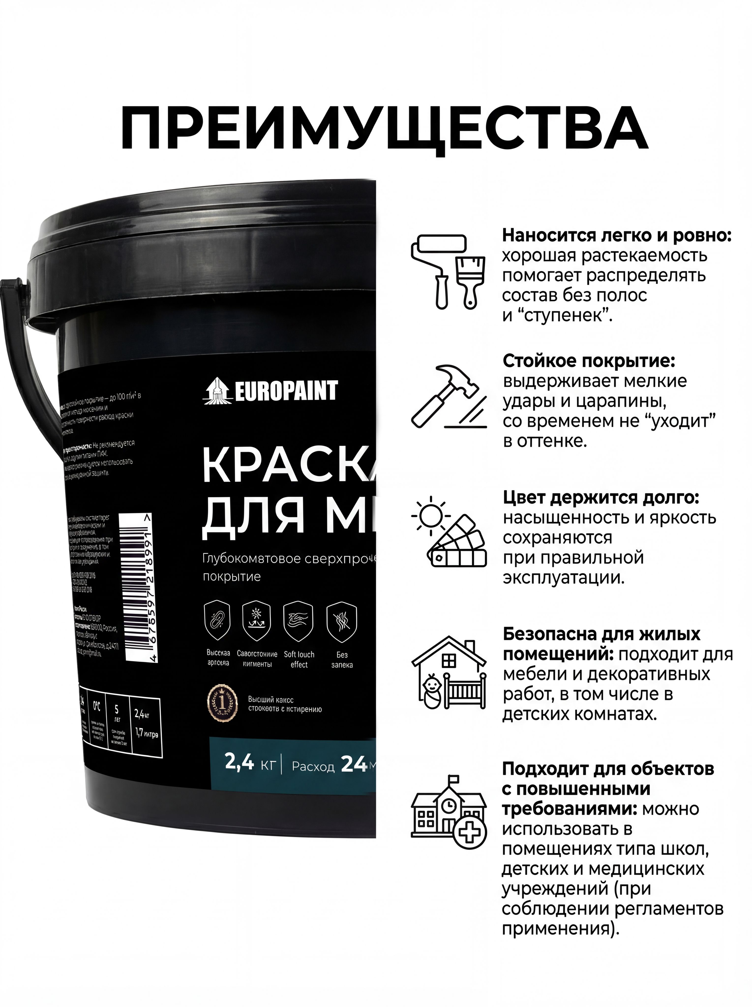 Краска для мебели, декора деревянных поверхностей глубокоматовая, белая
