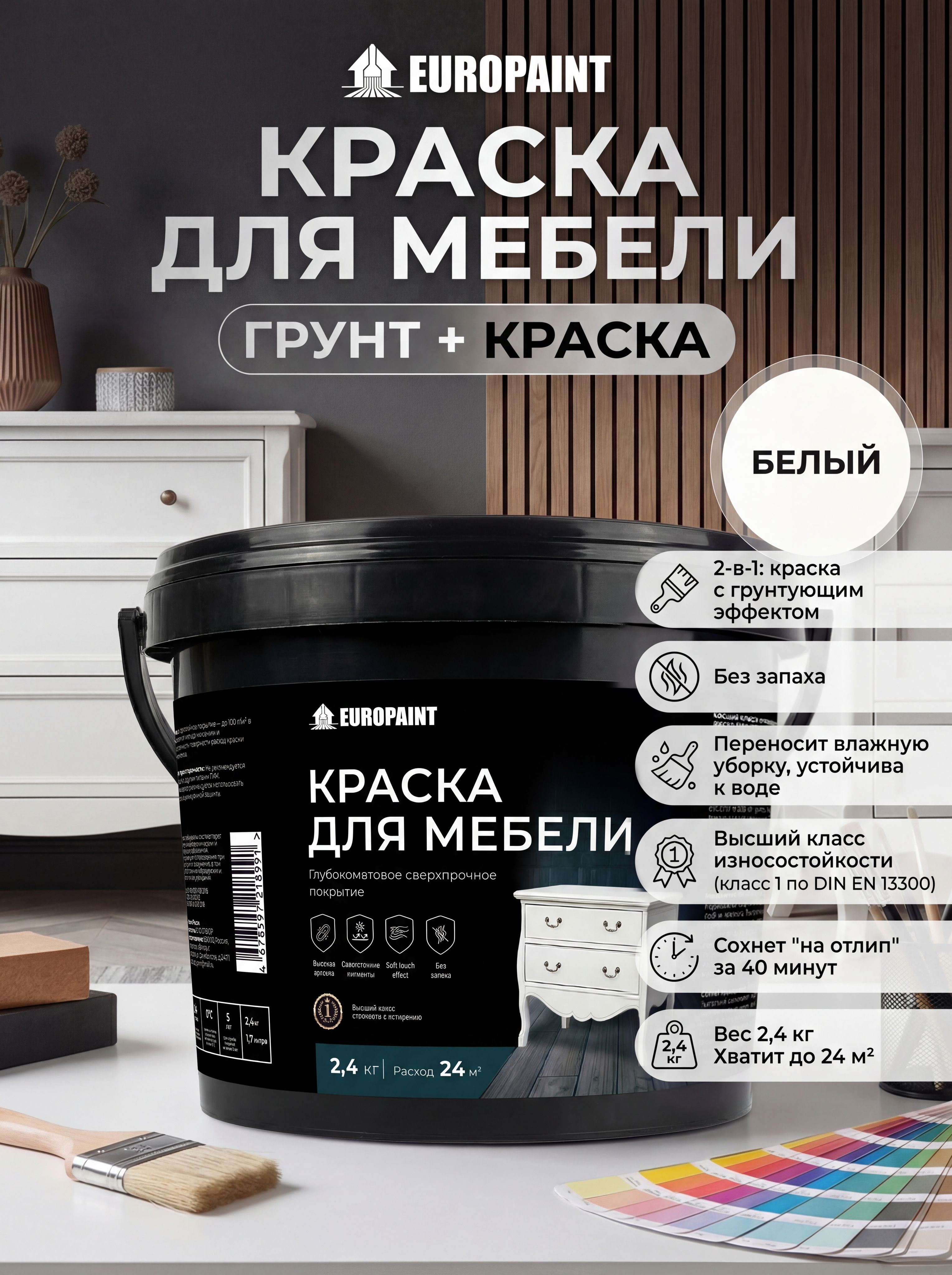 Краска для мебели, декора деревянных поверхностей глубокоматовая, белая
